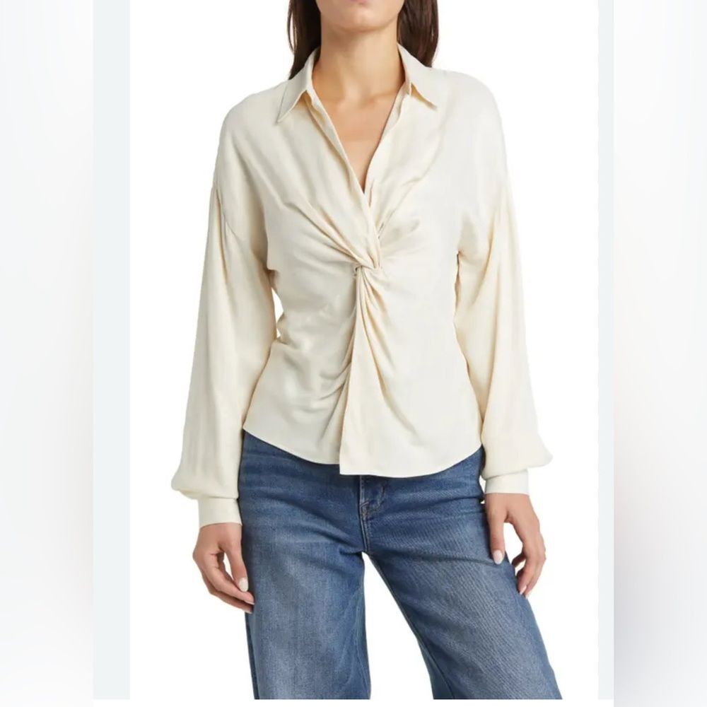 Topshop Knot Front Ivory Satin Long Sleeve V Neck Top Size 4 NWT
